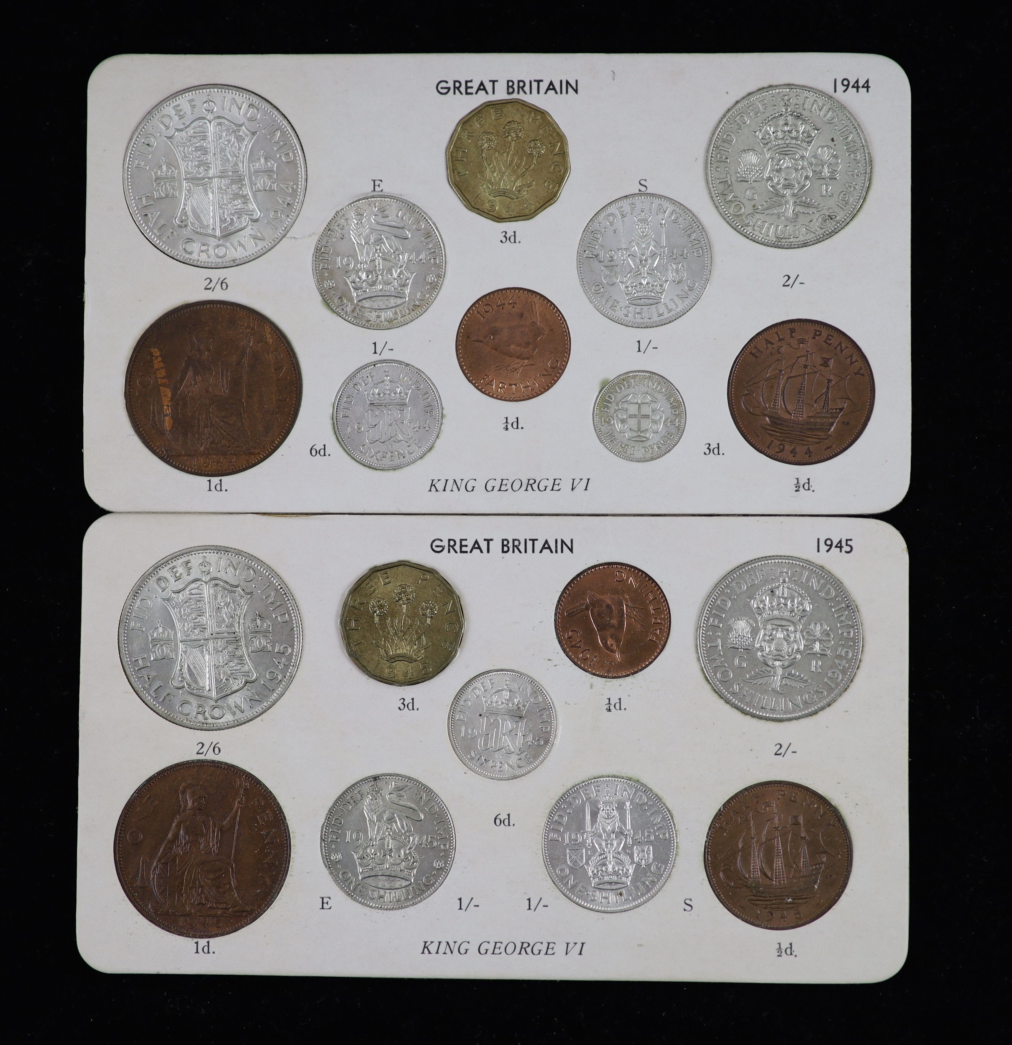 George VI specimen coin sets for 1944 and 1945, including the rare 1944 silver threepence, first coinage, all about EF or better